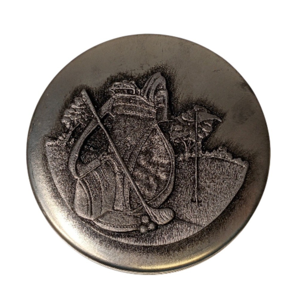 Matzeke Golf Theme Pewter Lid Decorative Silver Tone Metal Tin‎ Can Vintage